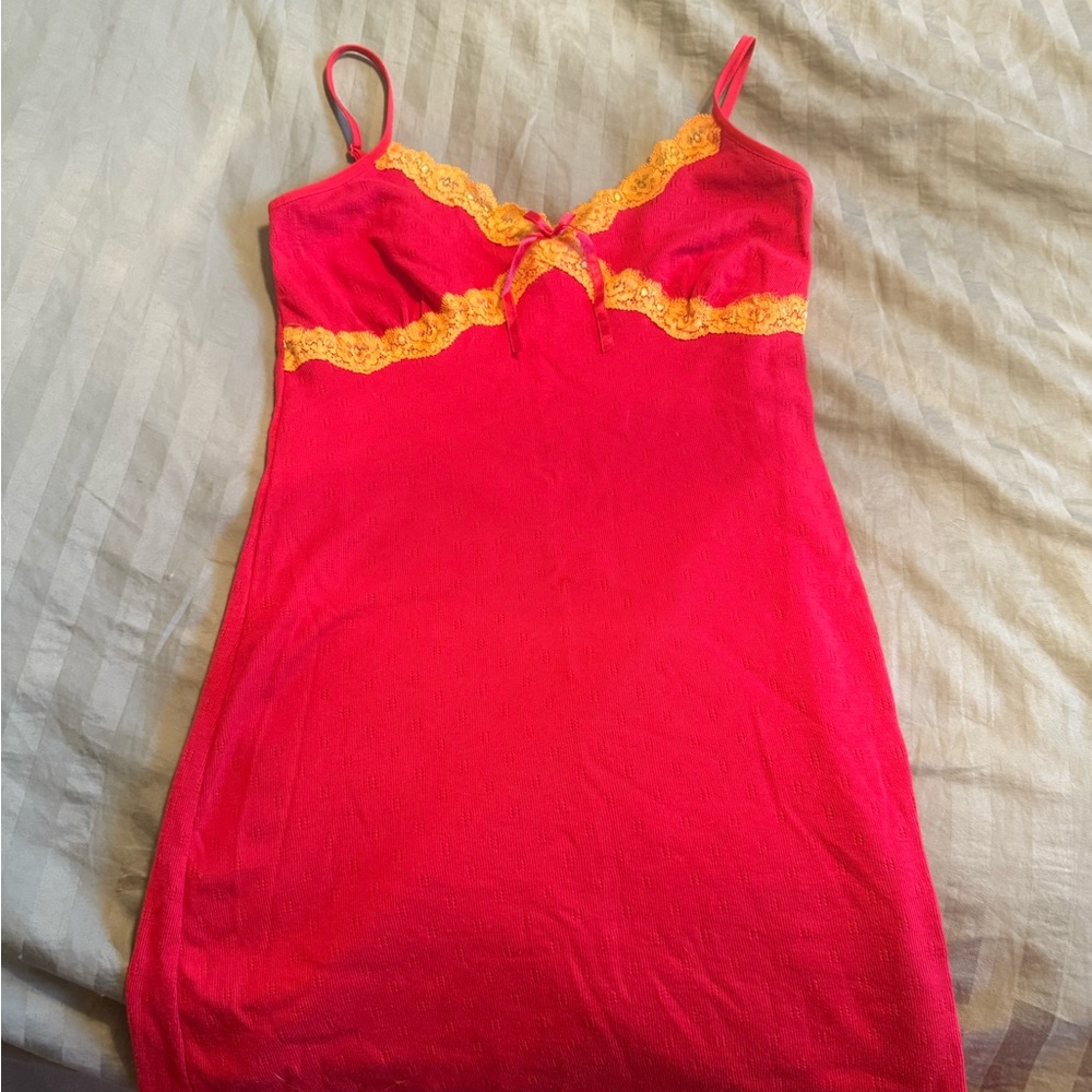 Red and Yellow Chemise with Lace Trim